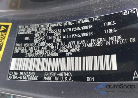 2015 Toyota Highlander Xle V6 from USA, damaged, VIN 5TDKKRFH3FS109000